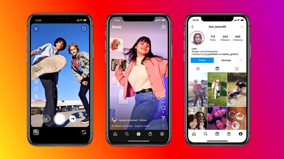 三部智慧型手機展示 Instagram 的限時動態、短片以及個人檔案。