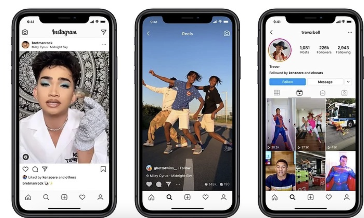 三個 Instagram 畫面，分別顯示貼文、Reels 和個人檔案。