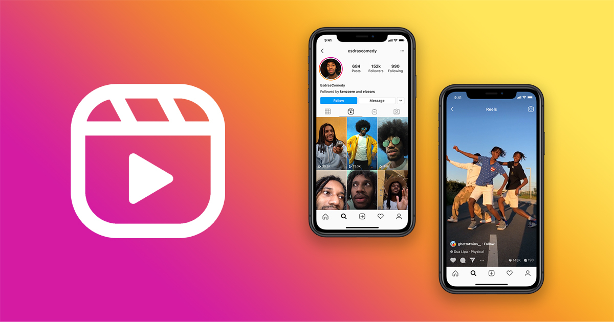 Instagram Reels 標誌及兩個手機螢幕顯示 Reels 內容。
