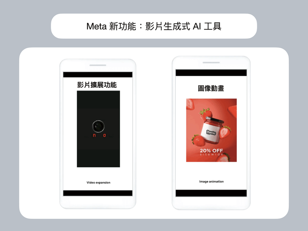 兩部智慧型手機螢幕顯示 Meta 的 AI 影片與影像工具。