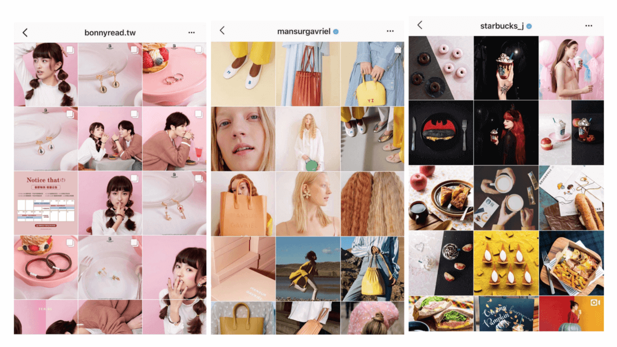 三組 Instagram 網格展示視覺吸引力的貼文排版設計。