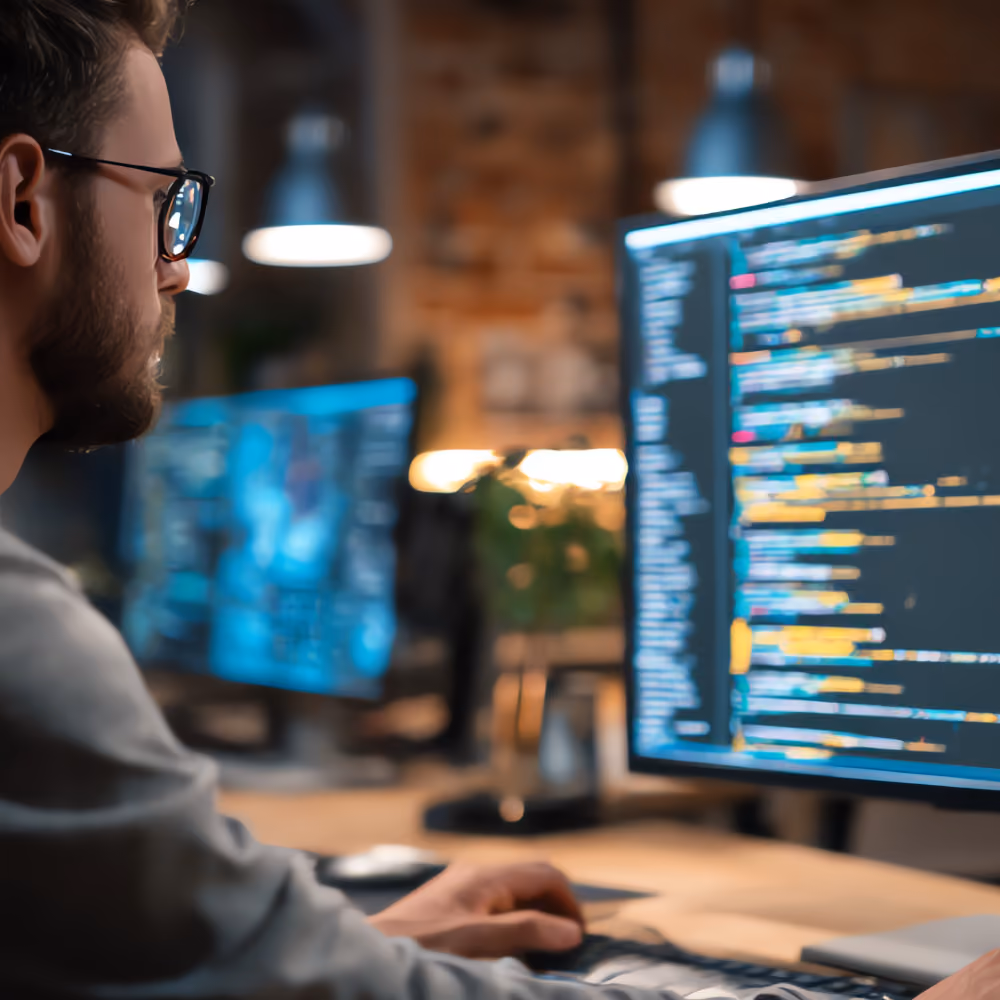 Ein Mann mit Brille arbeitet konzentriert an einem Computer mit Programmiercode auf dem Bildschirm in einem Büro.