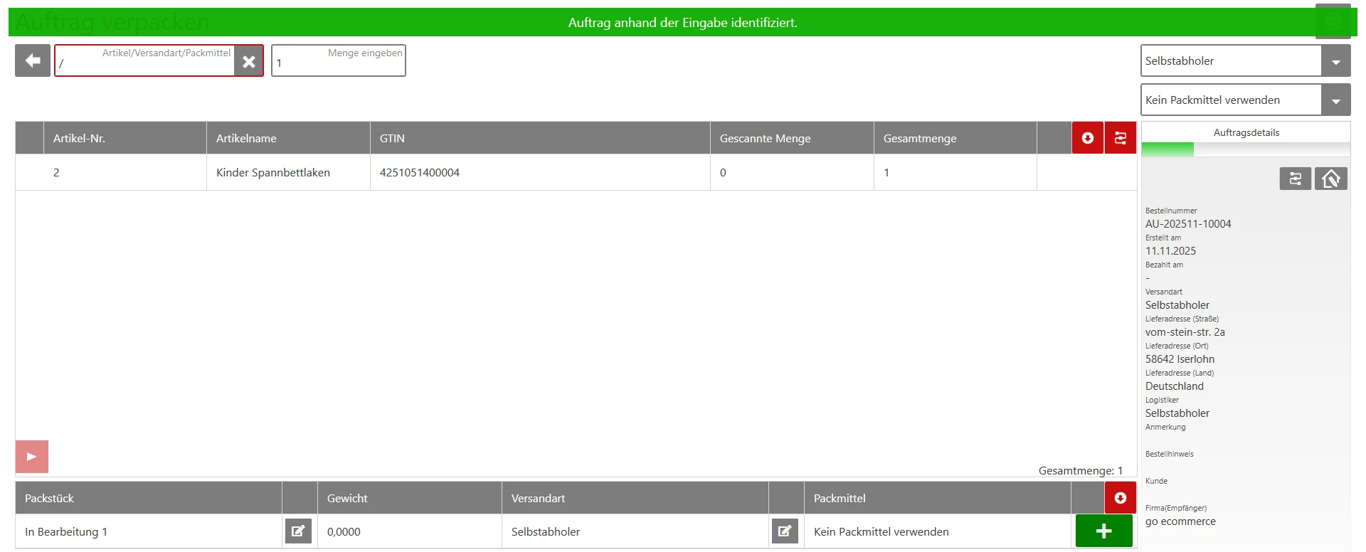 Screenshot aus dem WMS von JTL: Auftrag verpacken mit Artikelliste, gescannter Menge, Versandart und Auftragsdetails