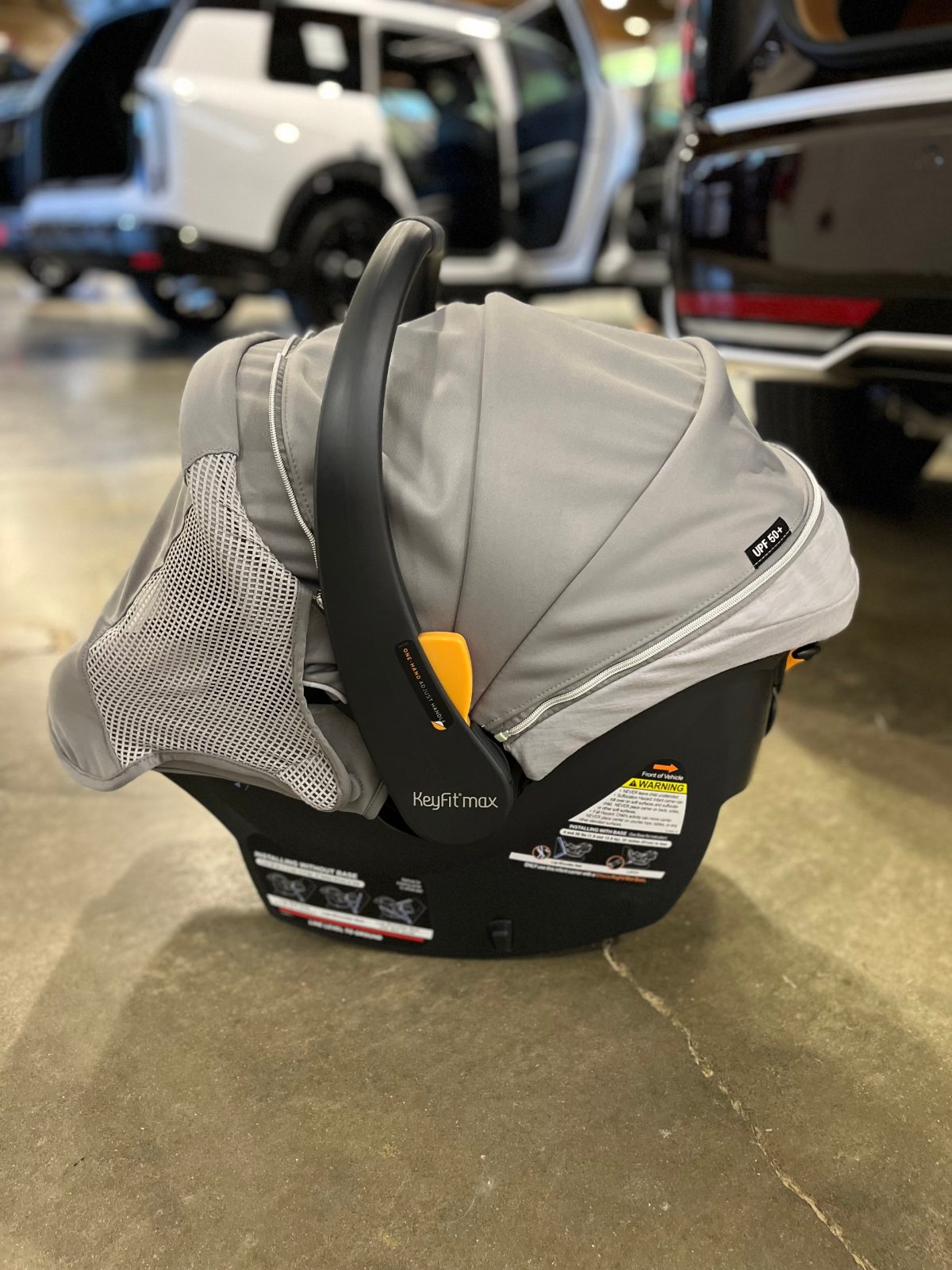 Chicco KeyFit Max Zip infant car seat with the extended UPF 50+ canopy and mesh window zipped out