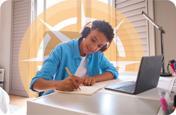 Aluno estudando no quarto com logo da IWS ao fundo