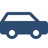 Blue simple car icon with rounded edges and two wheels