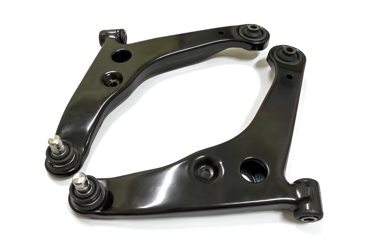 Two black car suspension control arms with ball joints
