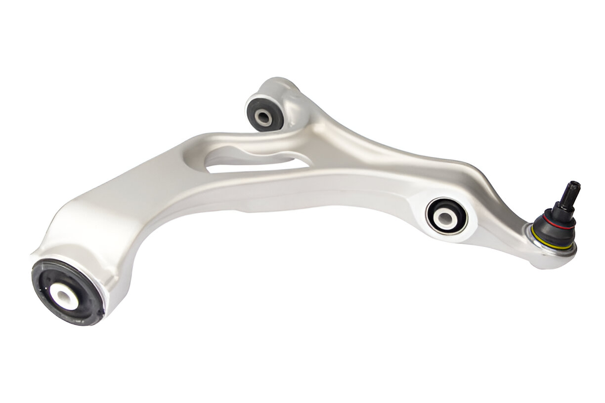 Silver automotive control arm with bushings and ball joint