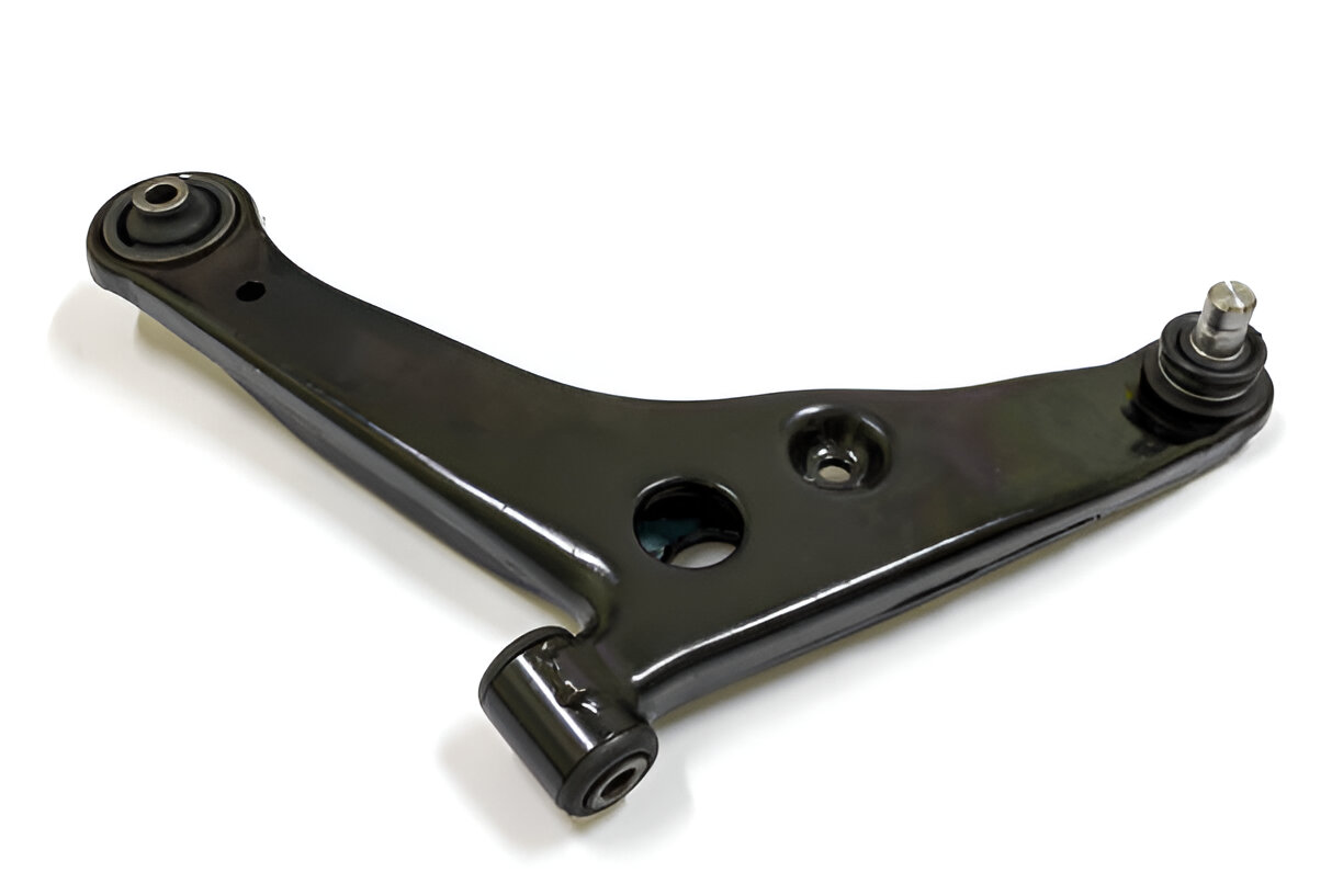 Black car suspension control arm with ball joint on white background