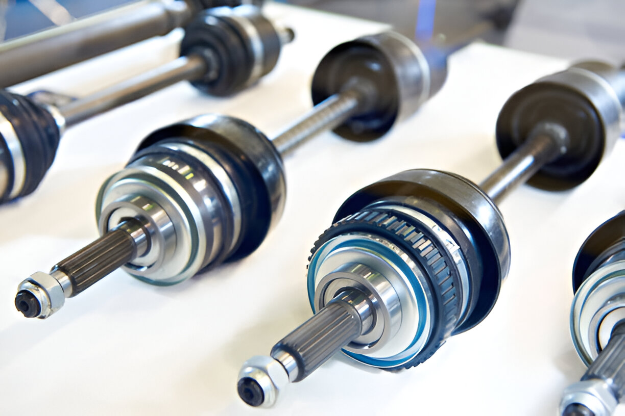 Several automotive drive shafts or CV joints on a white background