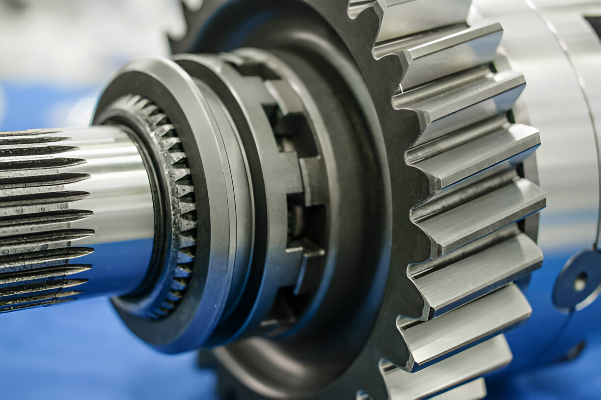 Close-up of interlocking metal gears and transmission components