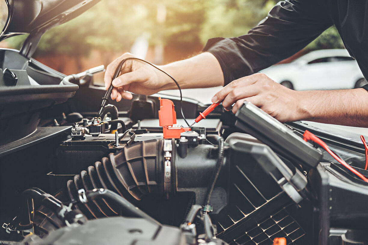 Mechanic using multimeter to diagnose car engine electrical system