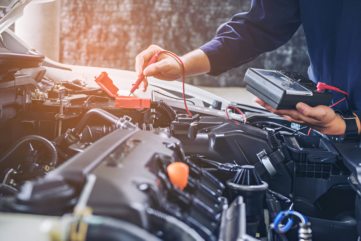 Mechanic checking car battery voltage with diagnostic multimeter