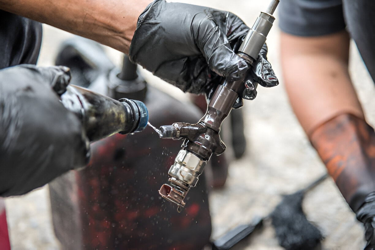 Hands in black gloves repairing or working on mechanical industrial equipment