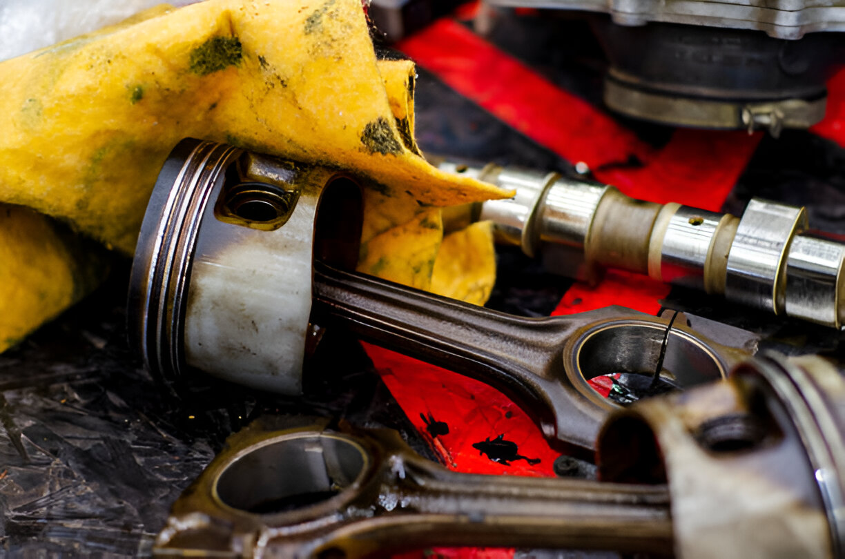 Dirty engine pistons and connecting rods with yellow cleaning rag