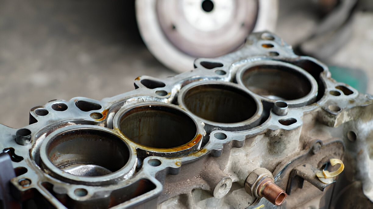 Close-up of a car engine block showing multiple cylindrical pistons