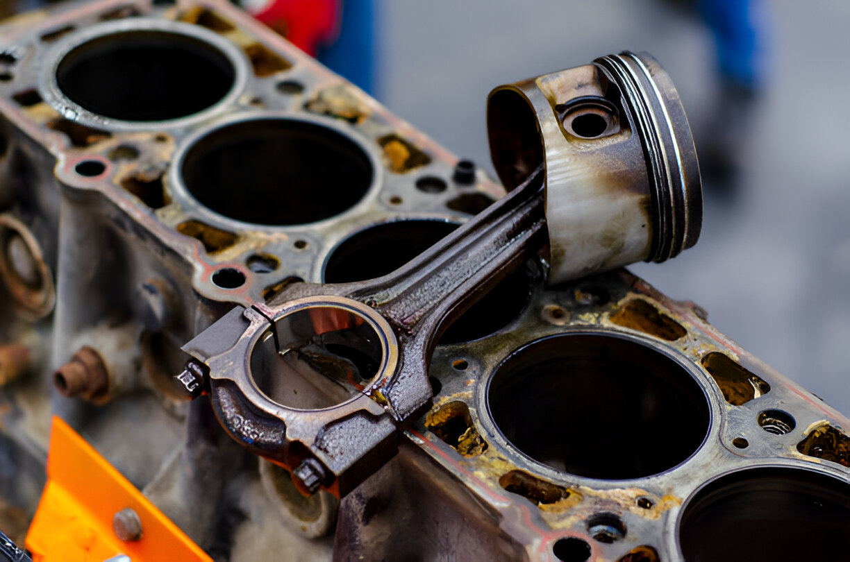 Detailed close-up of a car engine block with piston and connecting rod