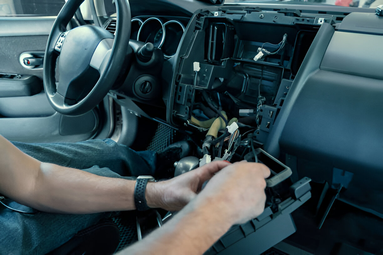Mechanic repairing car dashboard, exposing internal electronic components