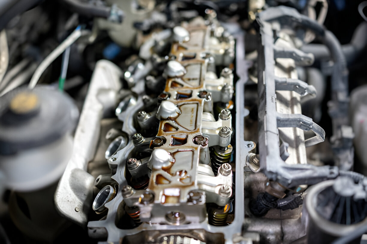 Close-up of a car engine's cylinder head with valves and mechanical components