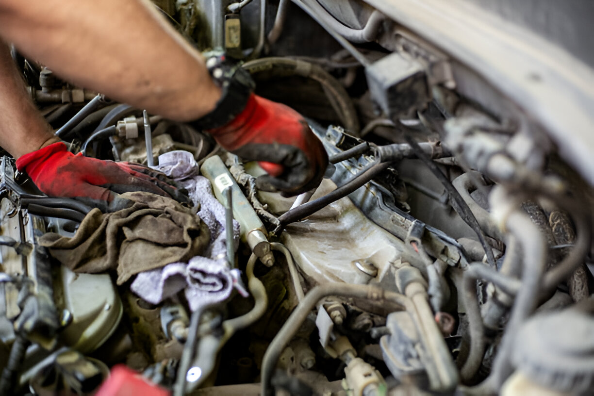 Mechanic's hands in red gloves working on complex car engine