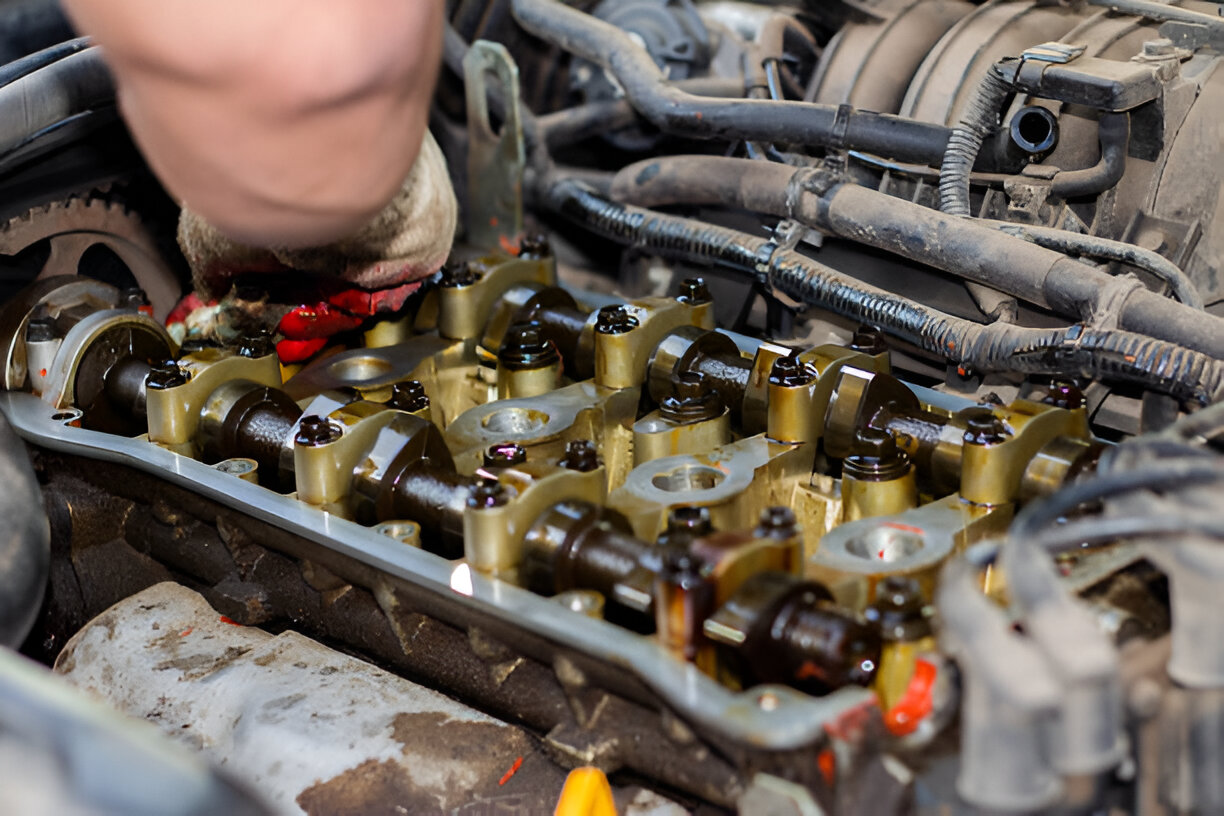 Close-up of car engine cylinder head with valves and rocker arms