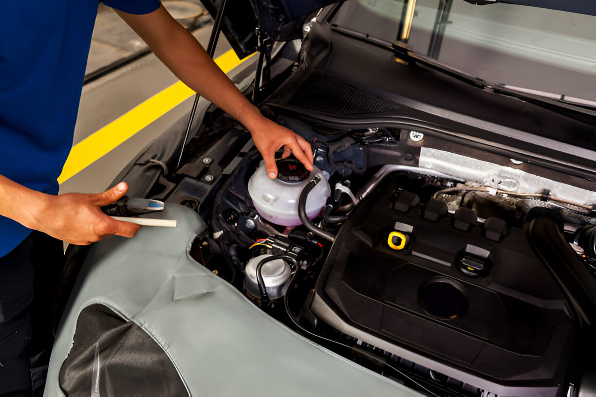 Mechanic checking coolant level in car engine compartment