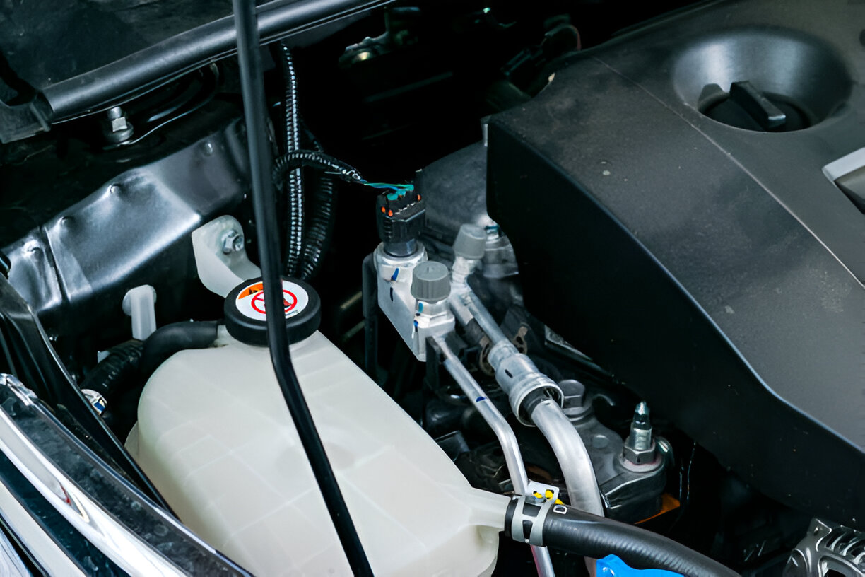 Car engine compartment with coolant reservoir and connected hoses