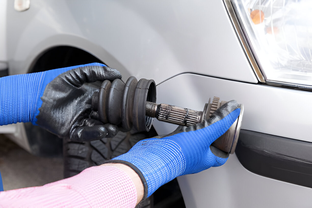 Mechanic's hands in blue and pink gloves repairing car drive shaft
