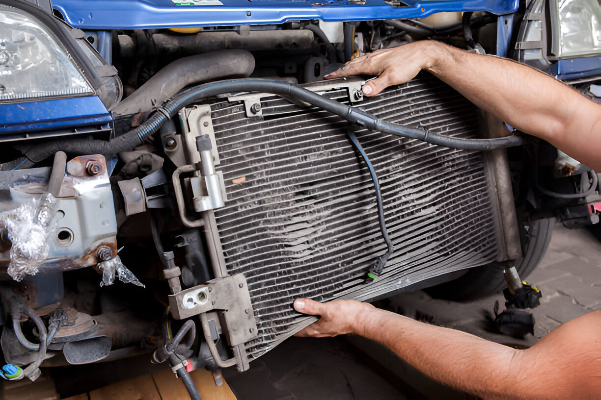 Mechanic checking car radiator during automotive maintenance repair