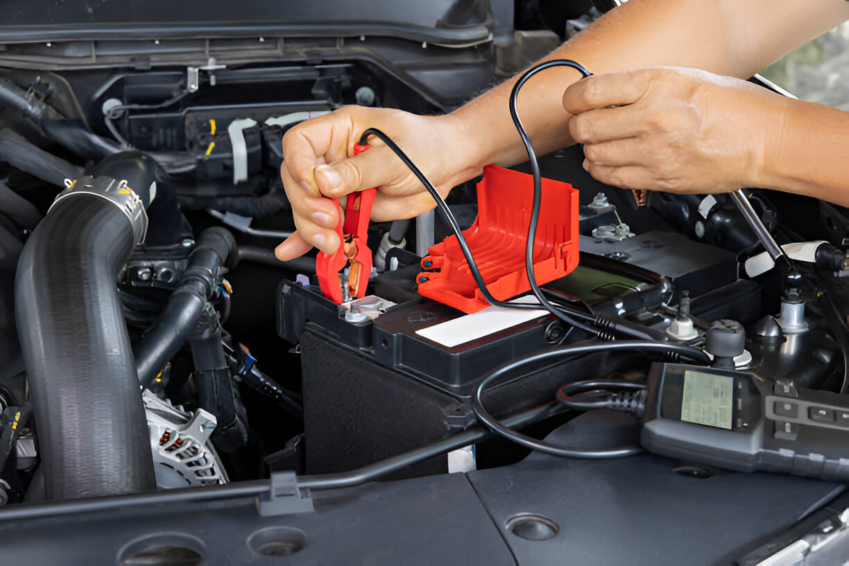 Hands connecting jumper cables to car battery for charging