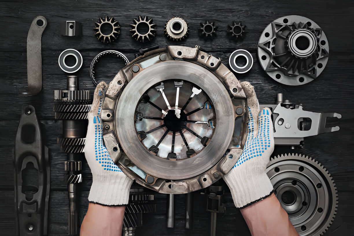 Mechanic hands holding clutch with various mechanical parts around