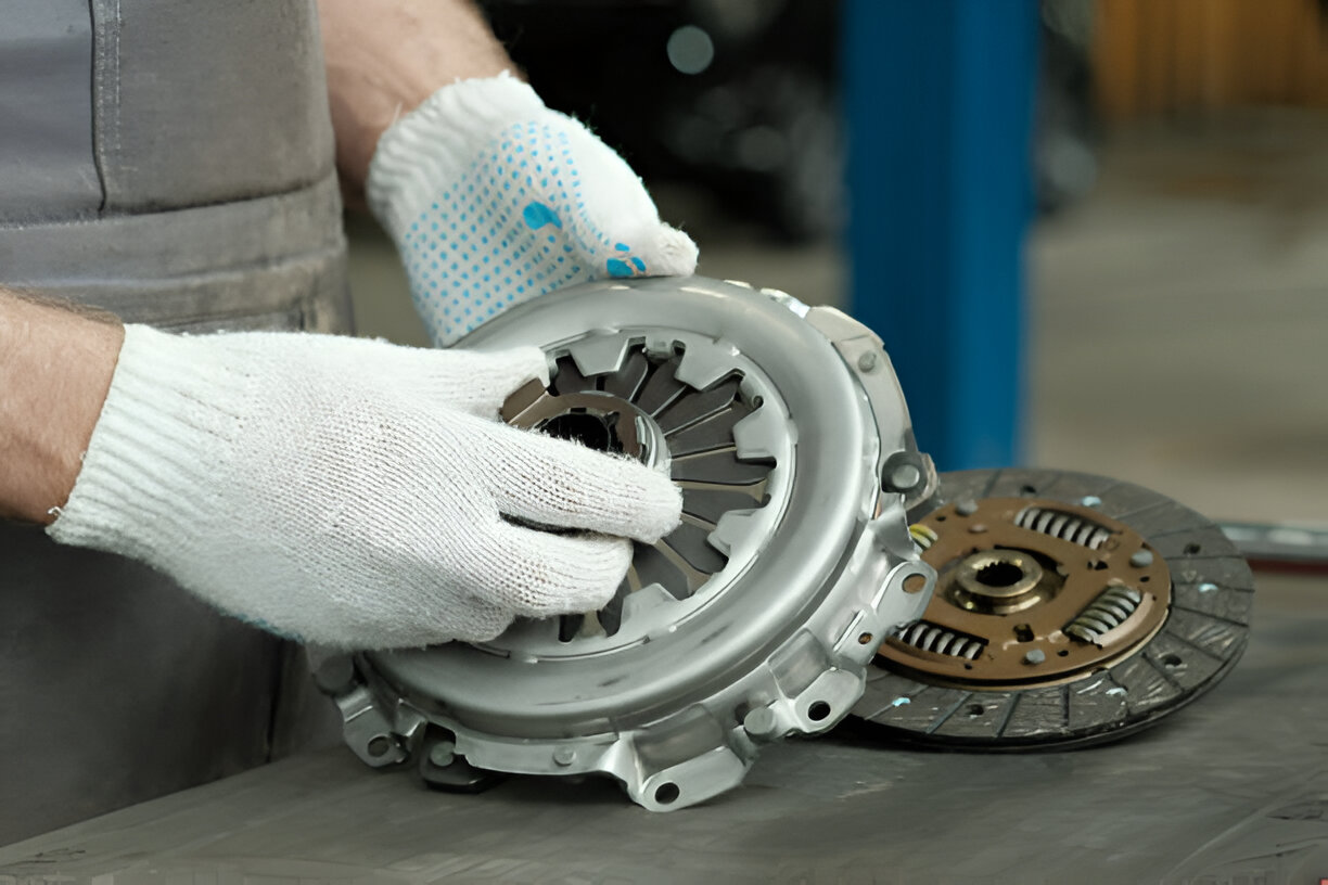 Mechanic's gloved hands working on a car clutch and disk