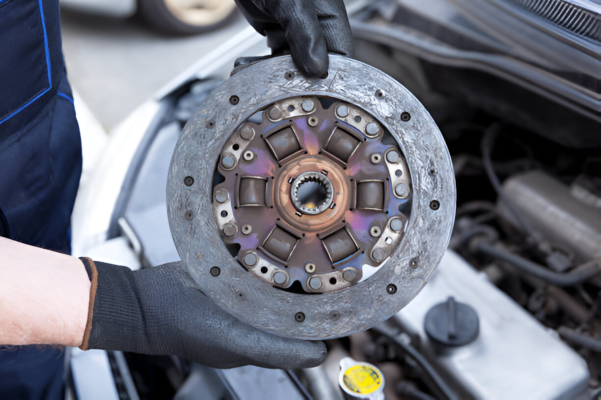 Gloved hand holding a car clutch disc in an engine compartment