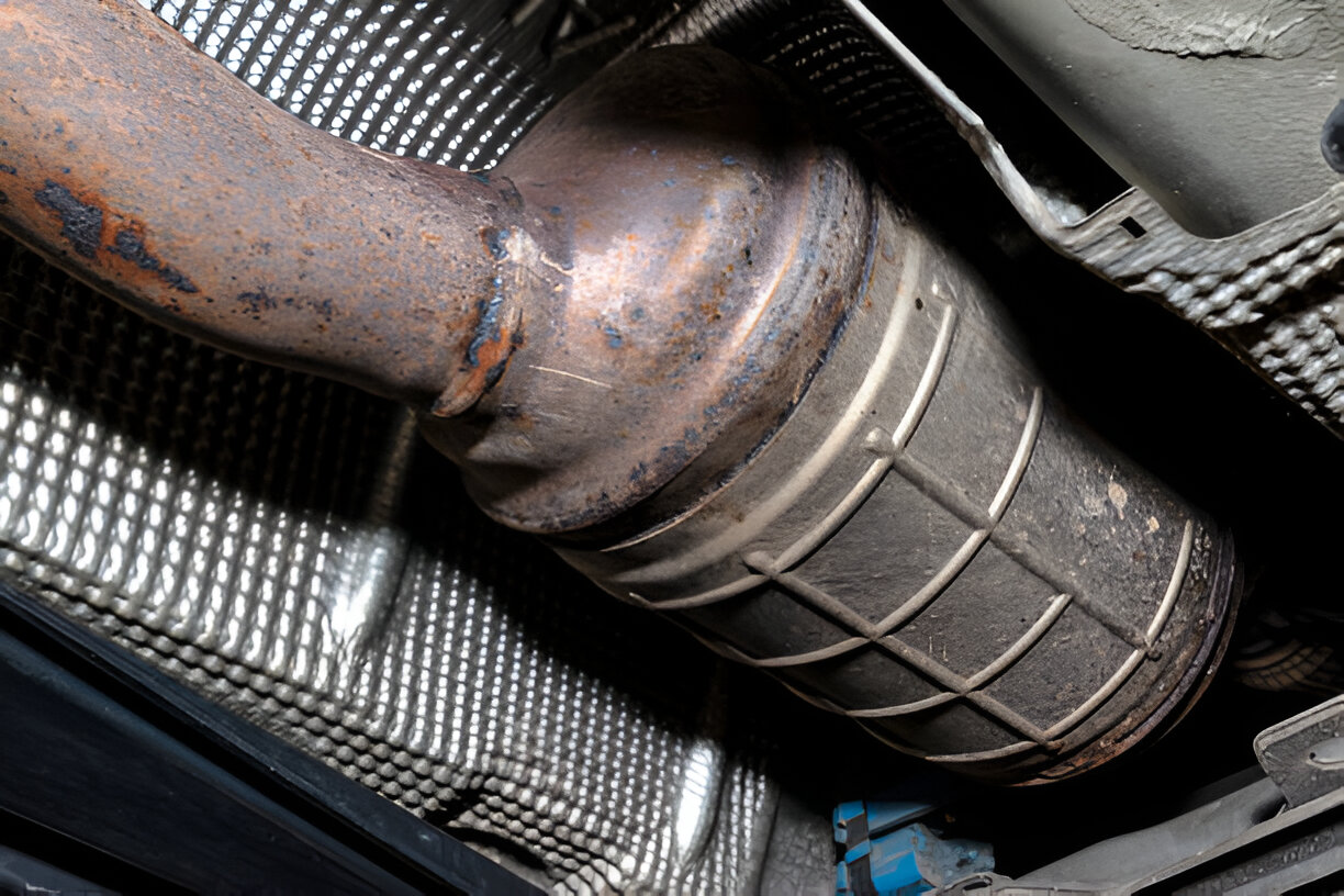 Rusty exhaust pipe and catalytic converter under vehicle undercarriage