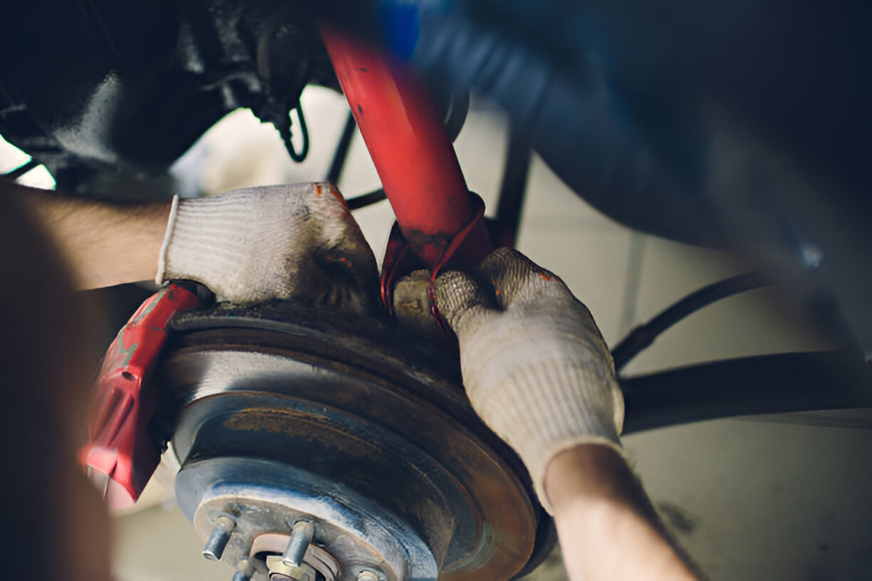 Mechanic repairing car brake disc with gloved hands and red tools
