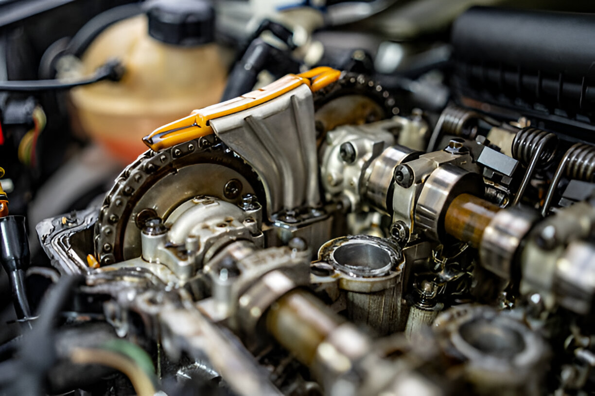 Close-up of a complex car engine with metal components and timing chain
