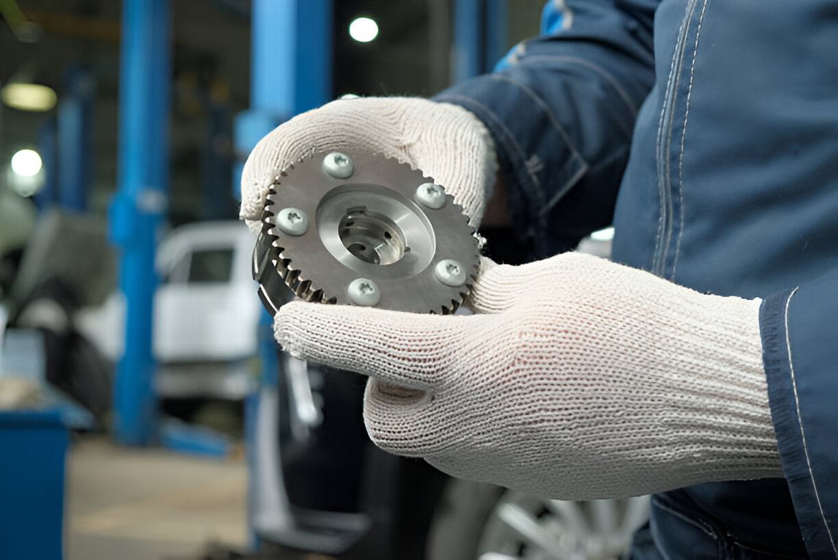 Gloved hand holding a metal gear in an automotive repair workshop