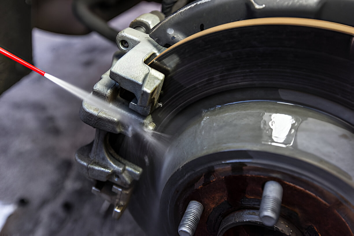 Close-up of car brake system showing caliper, rotor, and brake fluid