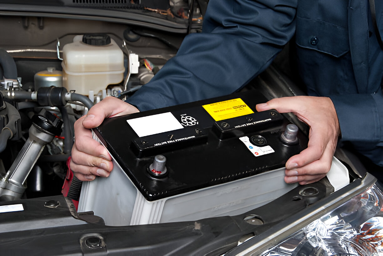Mechanic removing car battery during routine vehicle maintenance