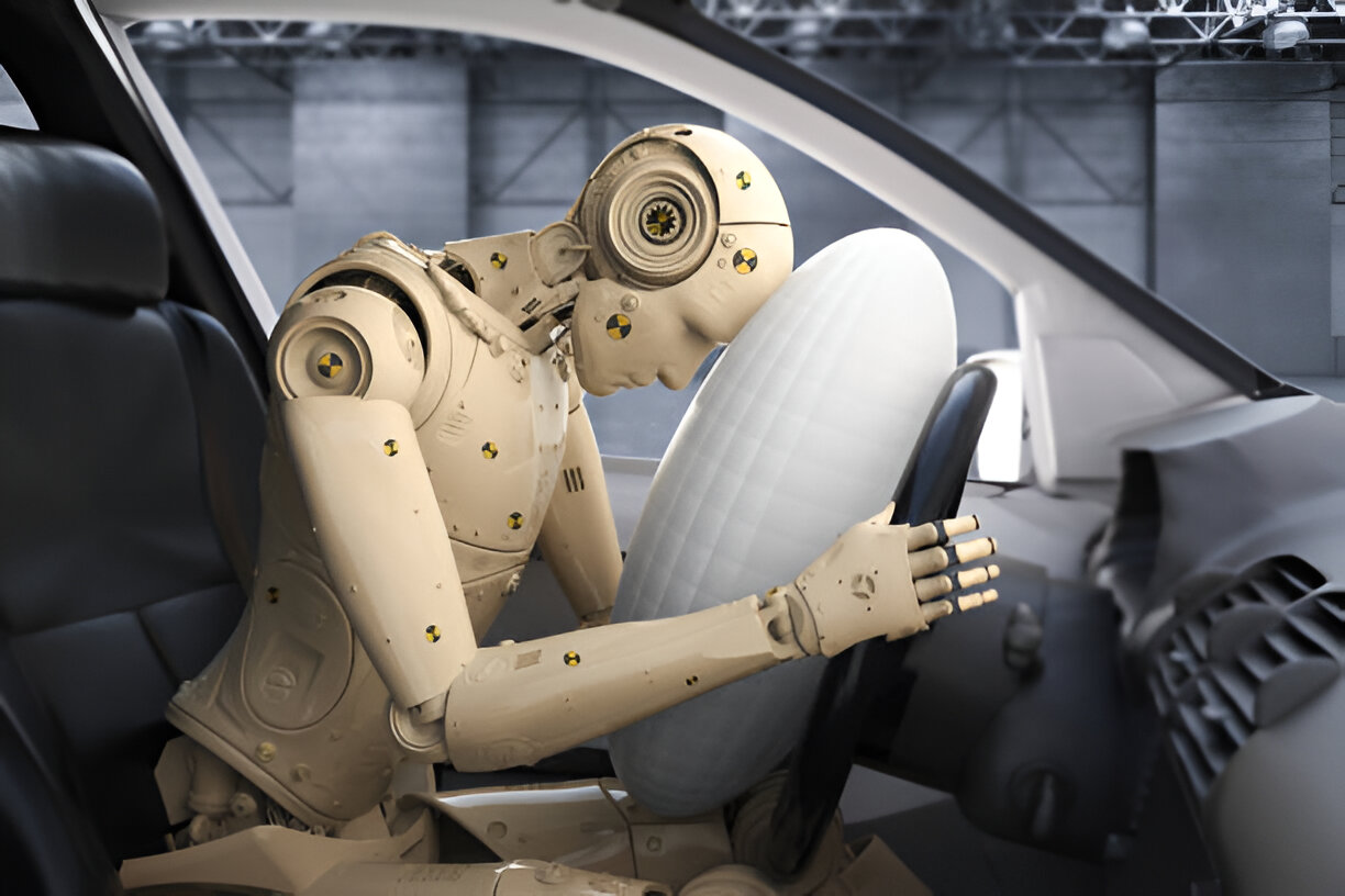 Robotic crash test dummy sitting in car interior with deployed airbag