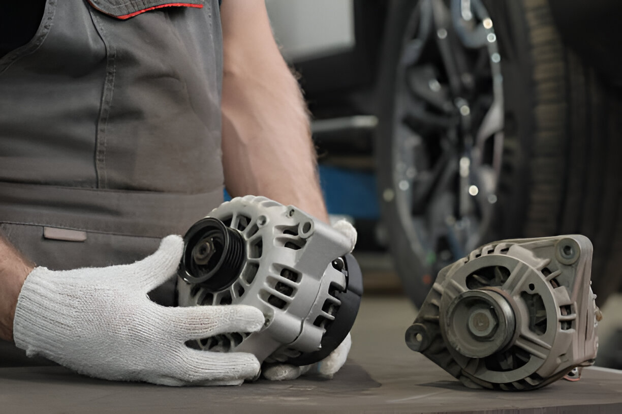 Mechanic's gloved hand holding a car alternator in workshop