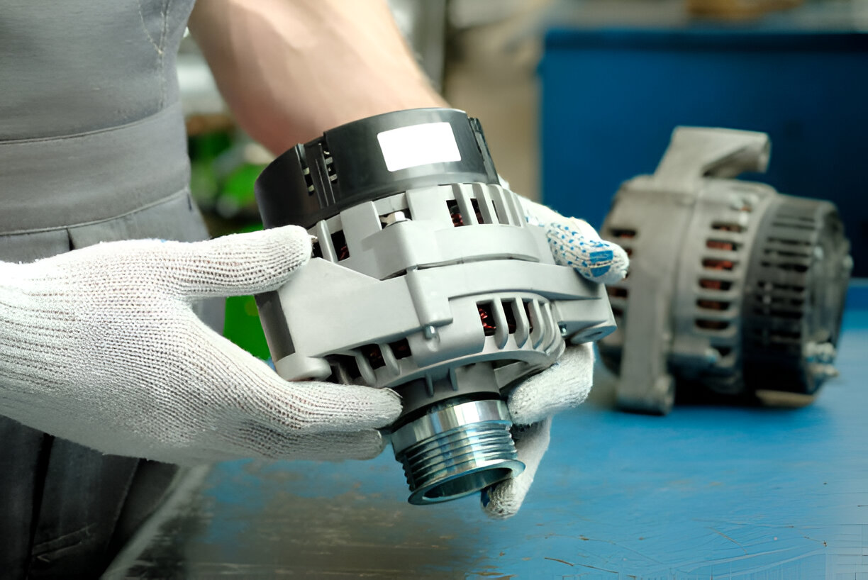 Hands in gloves inspecting automotive alternator on blue workbench