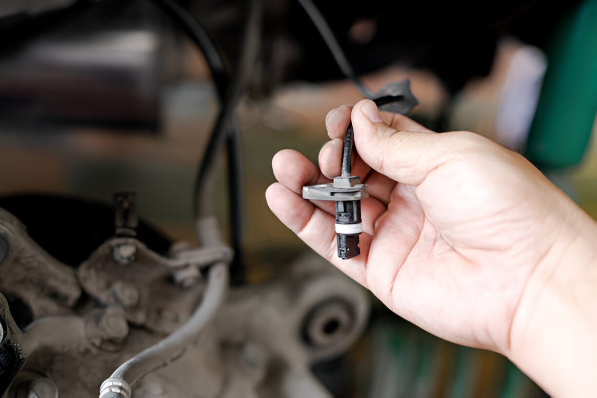 Hand holding automotive spark plug during vehicle repair or maintenance