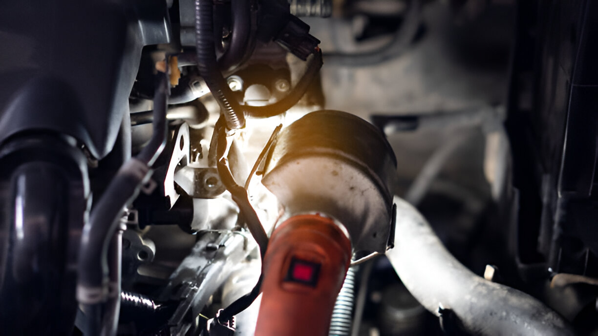 Close-up of car engine components with red tool and dramatic lighting