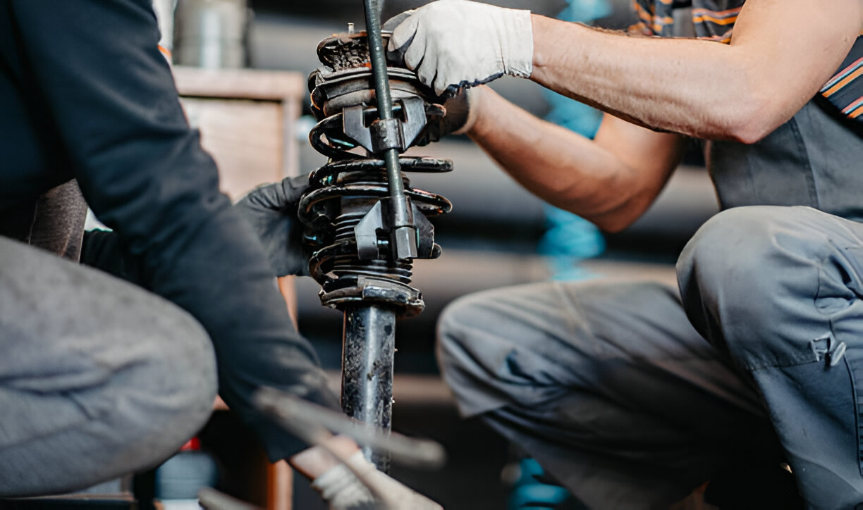 Mechanics with gloved hands repairing car suspension component