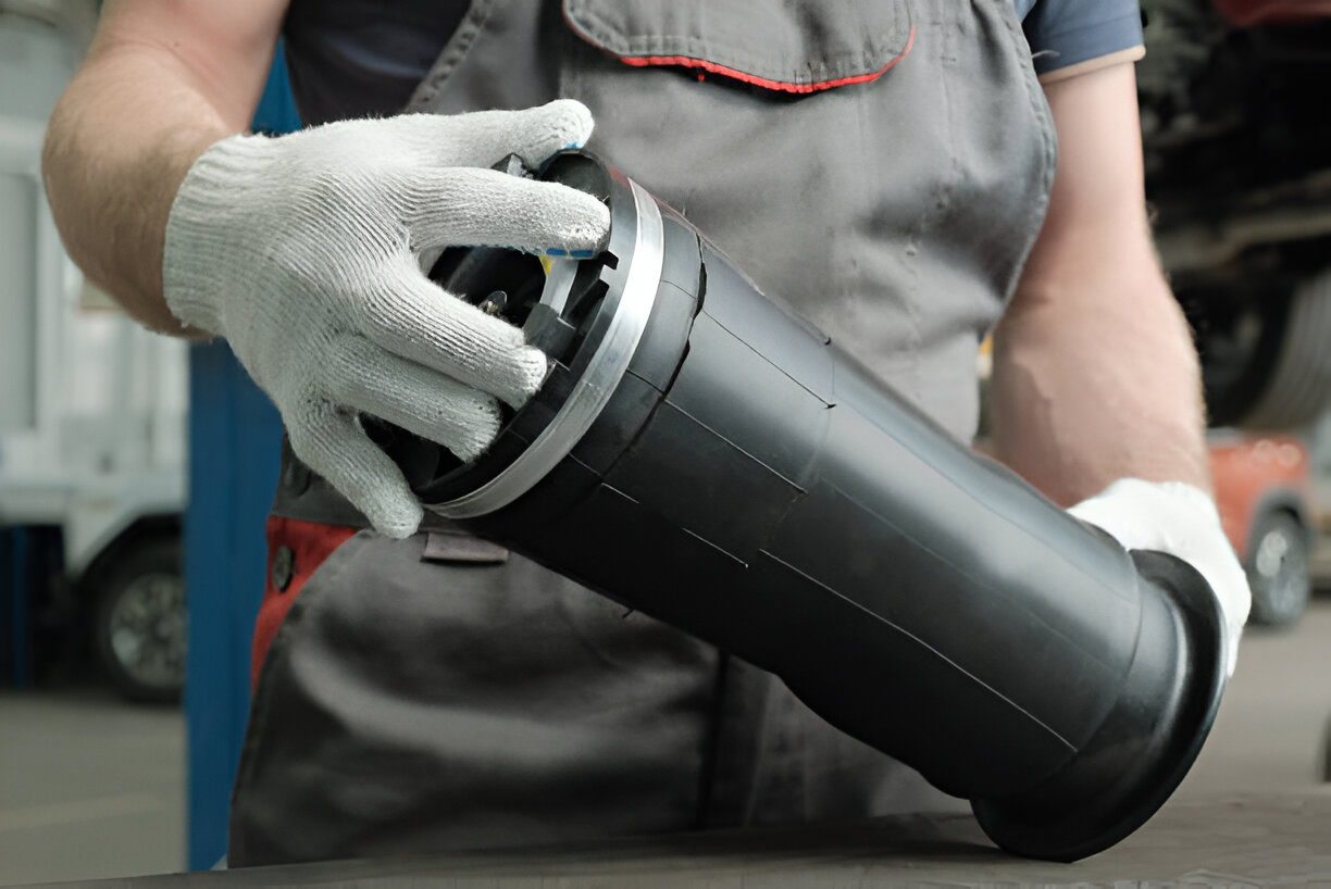 Gloved hand holding a large black industrial pipe or component