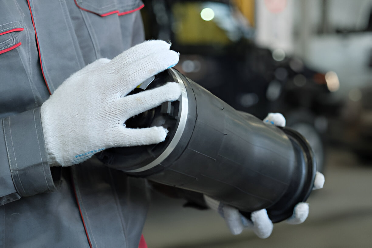 Gloved hands holding a large industrial pipe or component