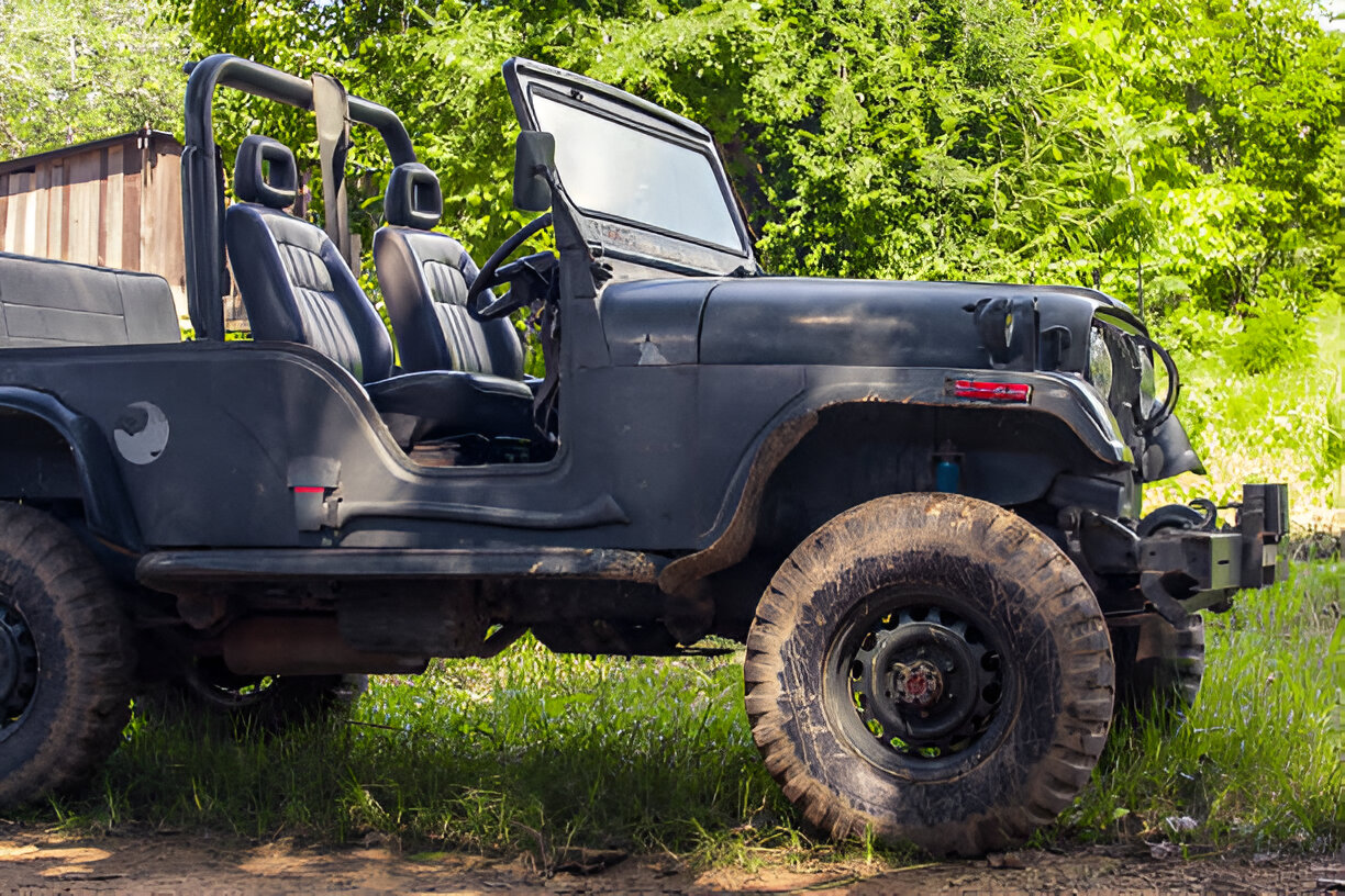 Vintage off-road Jeep parked on grassy ground with open top