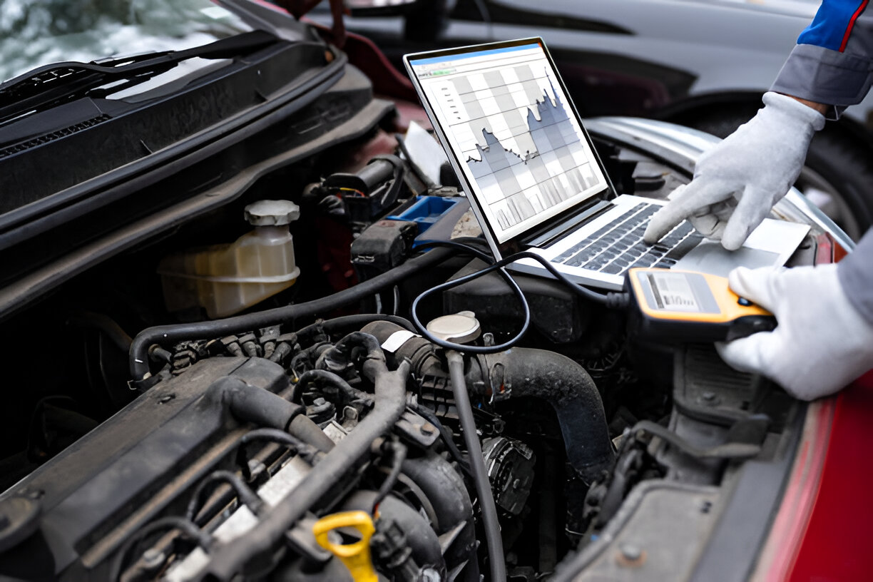 Mechanic using laptop to diagnose car engine with diagnostic tool