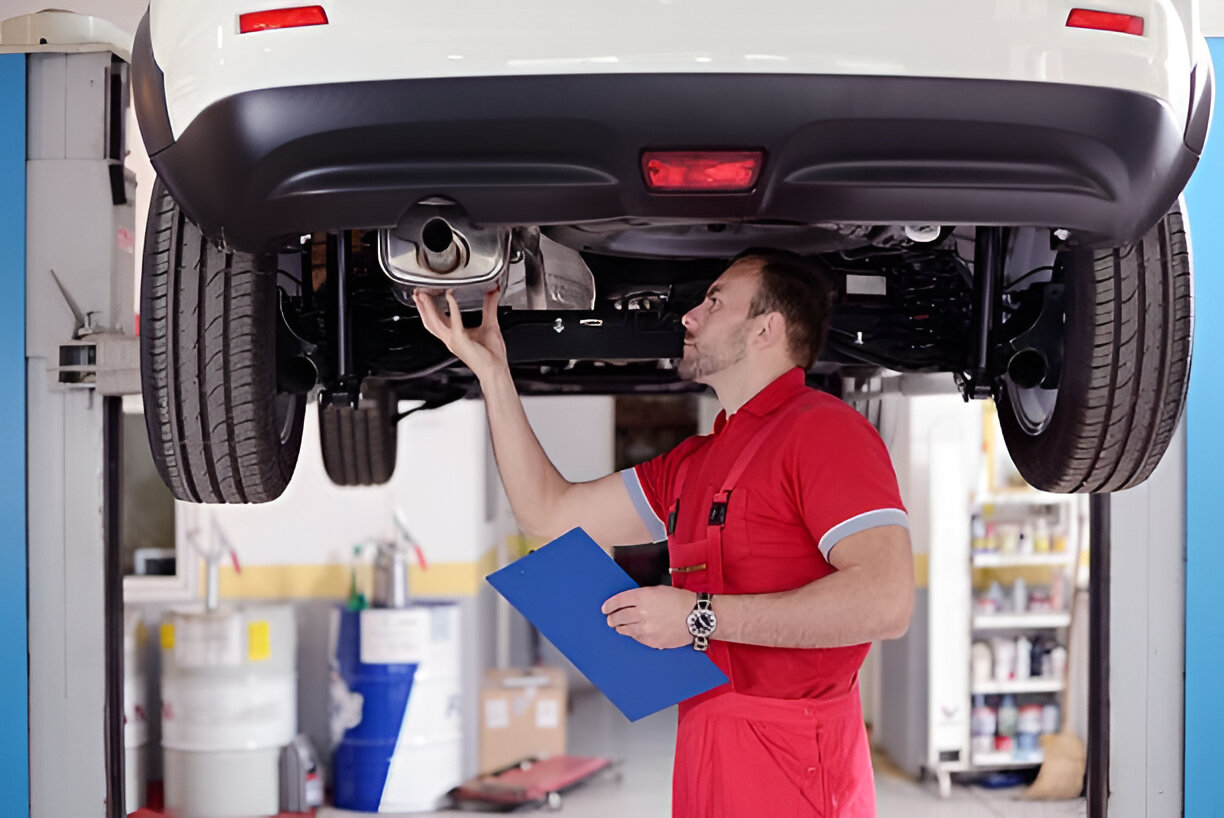 Mechanic in red uniform inspecting underside of car on lift